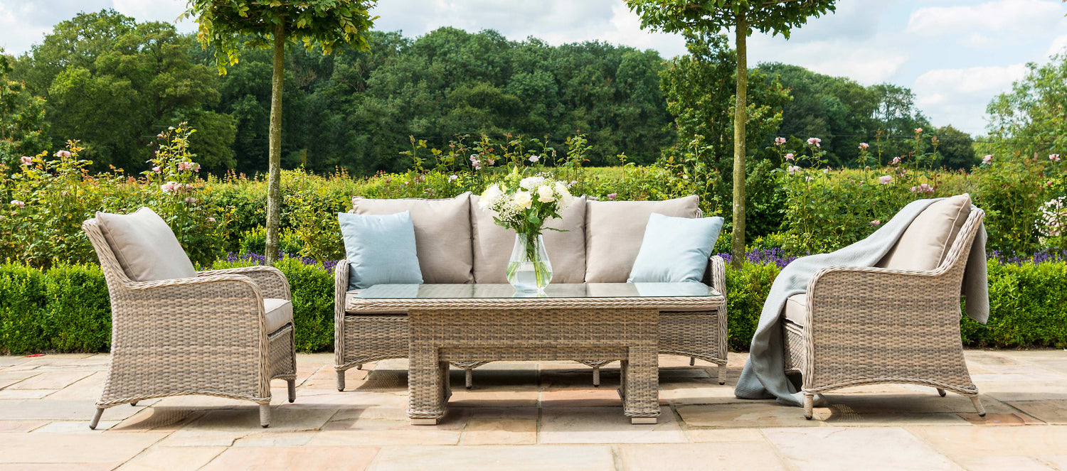 Maze Rattan Cotswold 3 Seat Sofa Dining And Foot Stools With Rising Table-Better Bed Company 