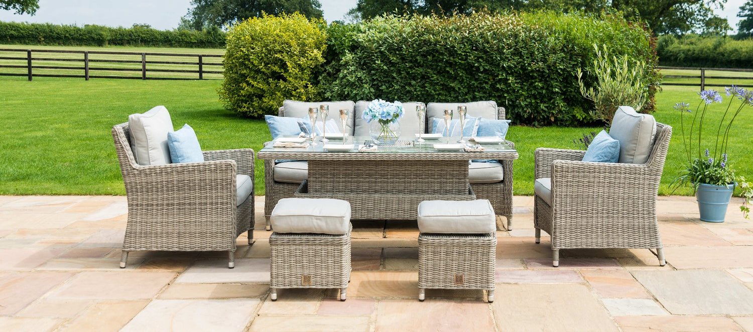 Maze Rattan Oxford Sofa Dining Set with Ice Bucket And Rising Table From Front Side-Better Bed Company 