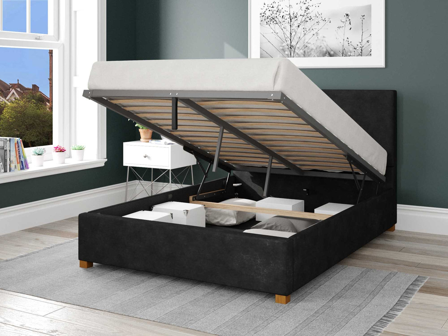 Better Peterborough Black Ottoman Bed Open-Better Bed Company 