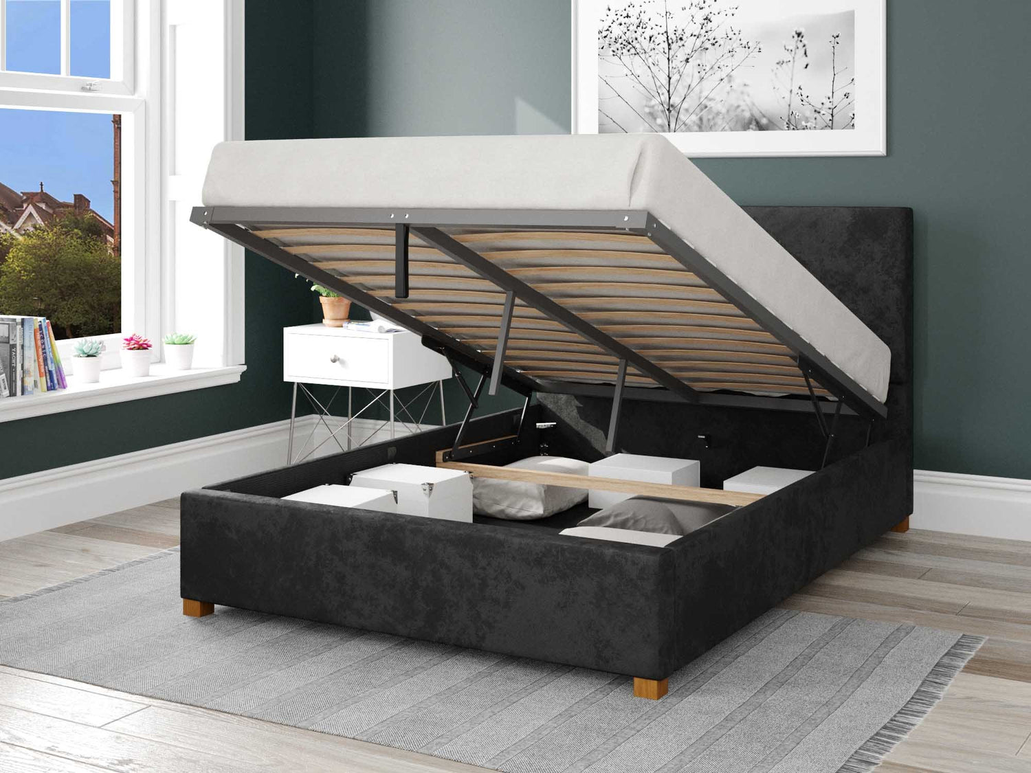 Better Peterborough Velvet Black Ottoman Bed Open-Better Bed Company 