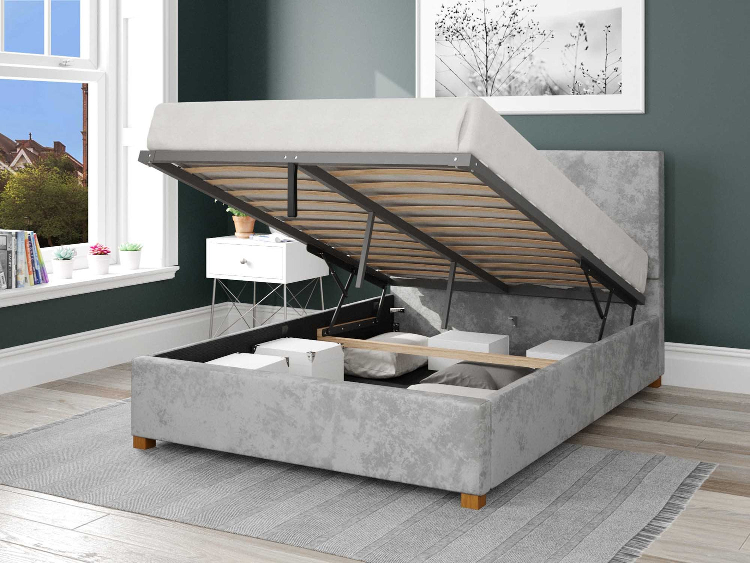 Better Peterborough Velvet Grey Ottoman Bed Open-Better Bed Company 