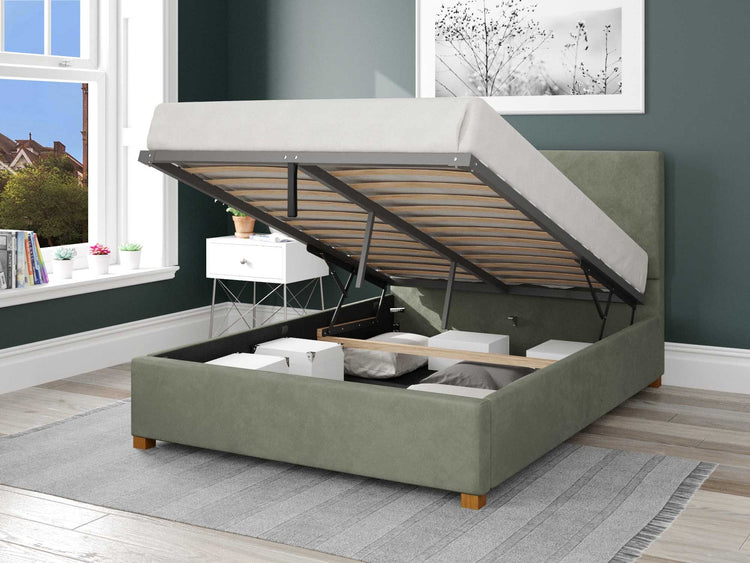 Better Peterborough Velvet Green Ottoman Bed Open-Better Bed Company
