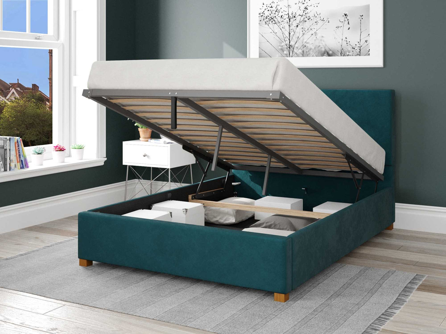 Better Peterborough Emerald Green Ottoman Bed Open-Better Bed Company 