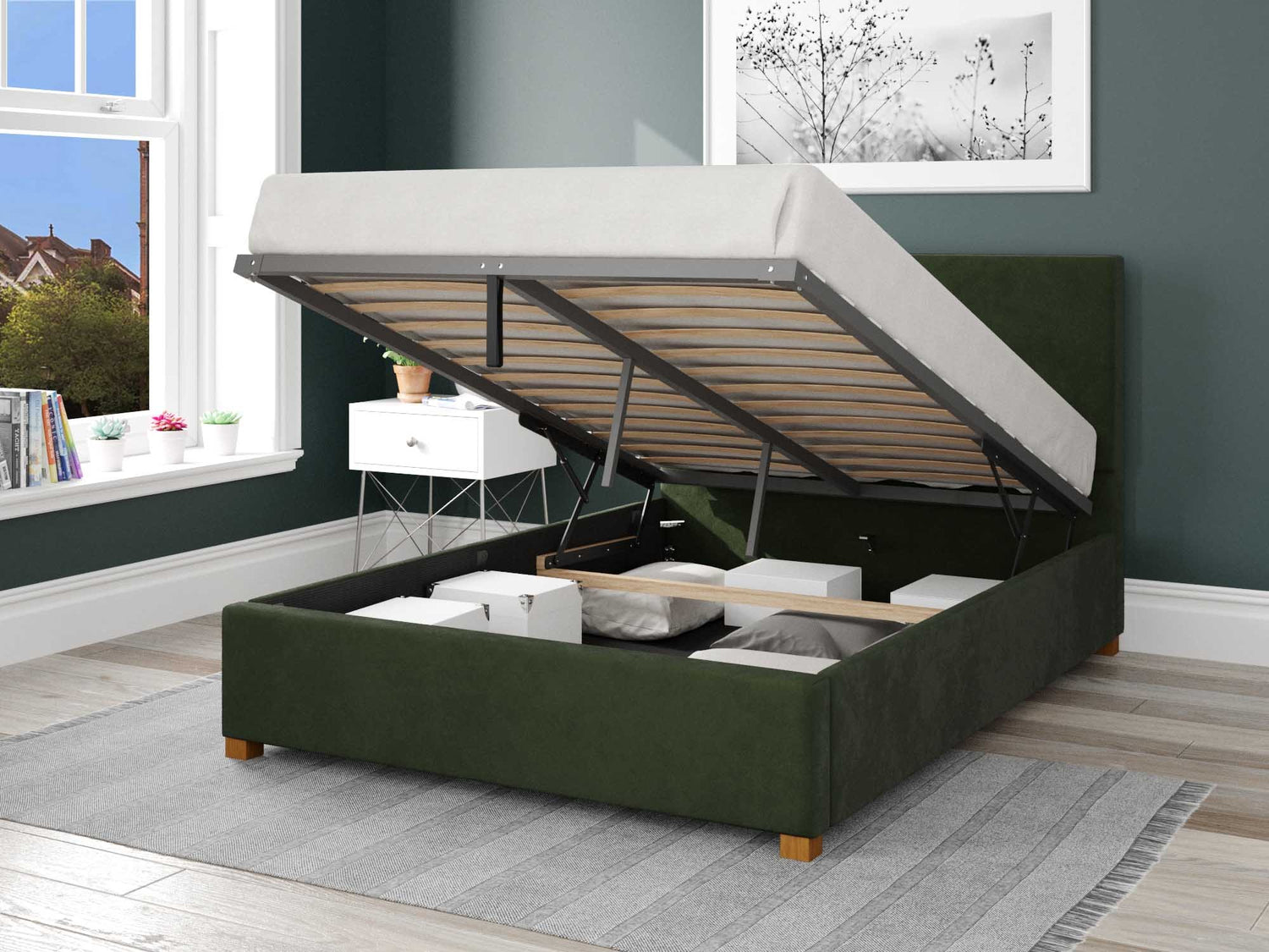 Better Peterborough Dark Green Ottoman Bed Open-Better Bed Company