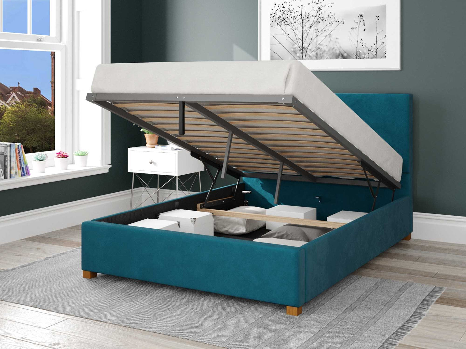 Better Peterborough Teal Green Ottoman Bed Open-Better Bed Company 