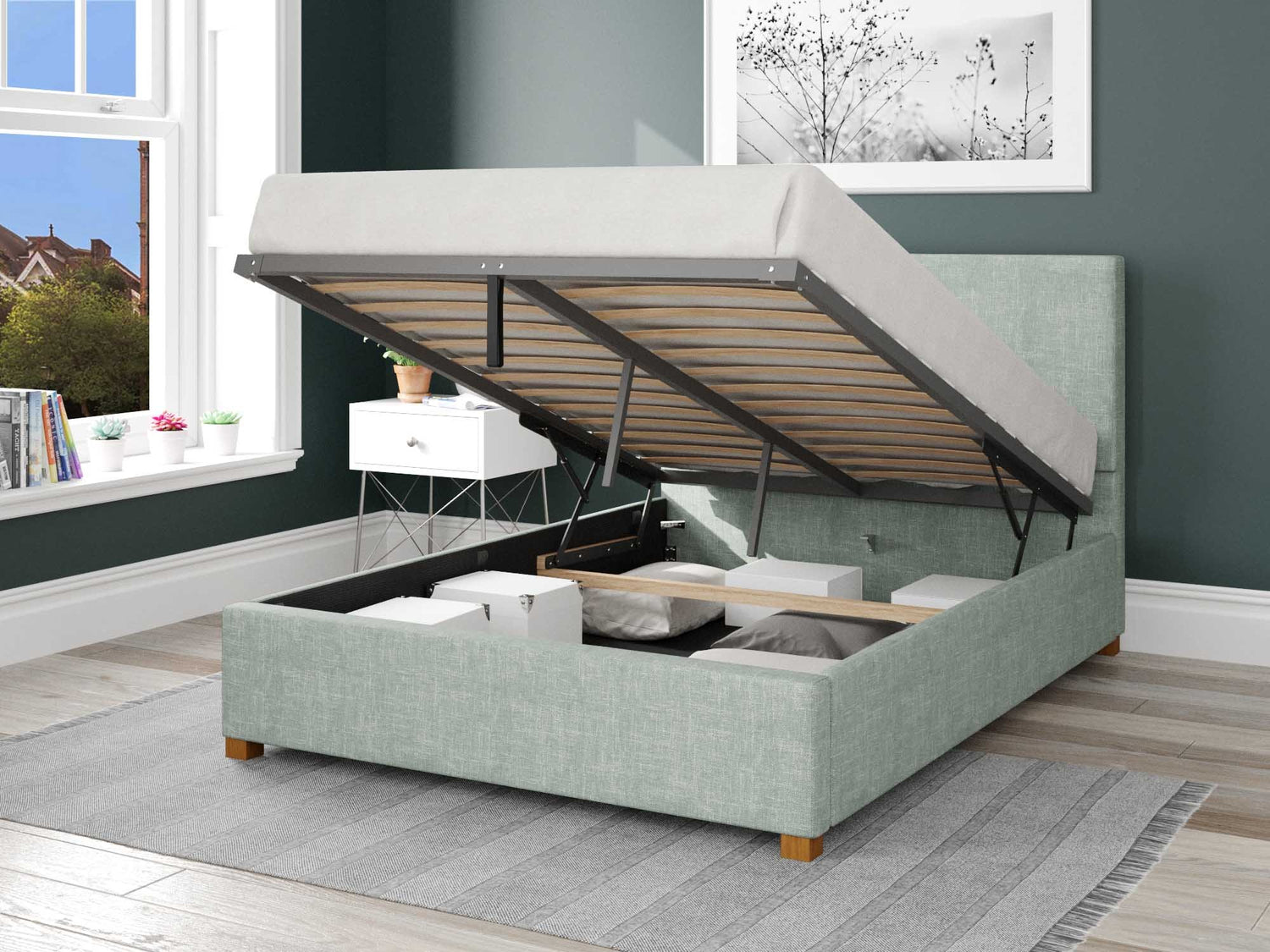 Better Peterborough Light Green Ottoman Bed Open-Better Bed Company 