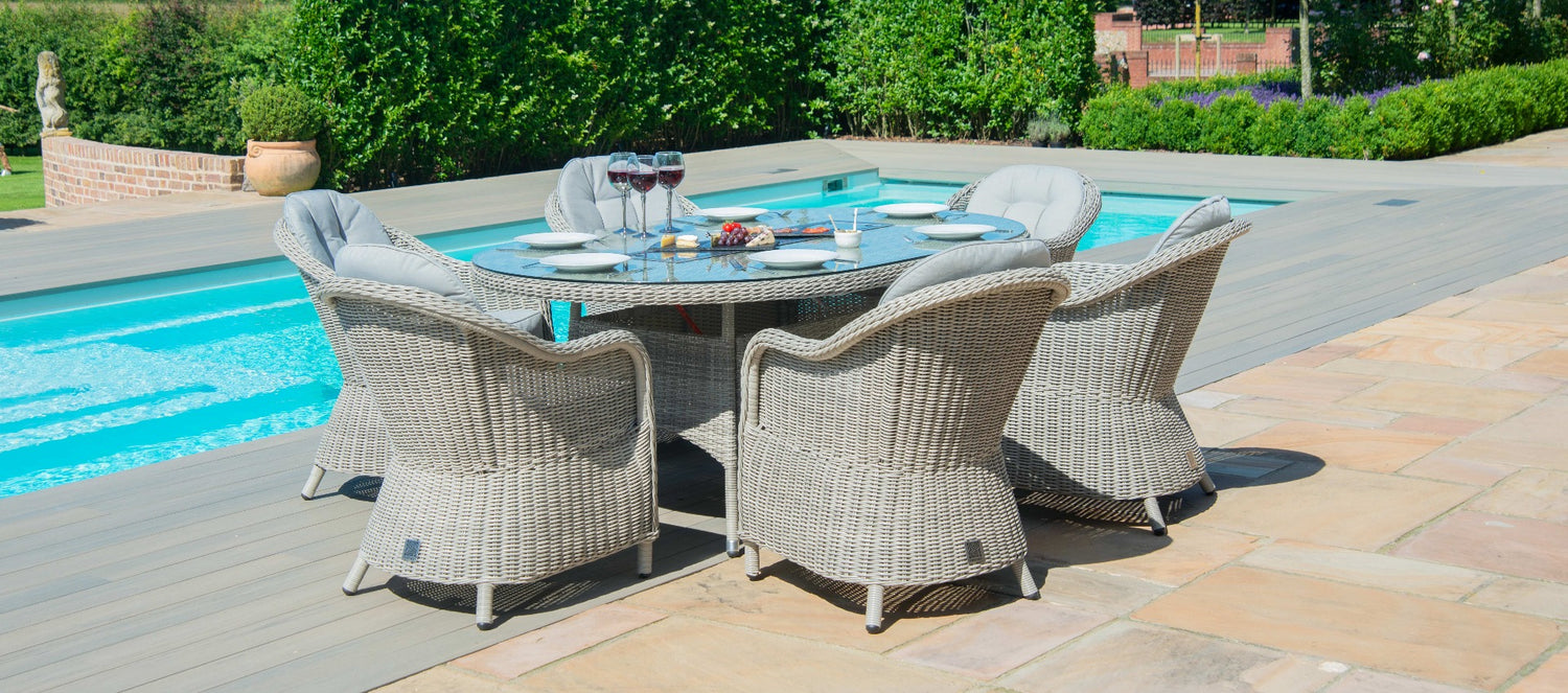 Maze Oxford Seat Oval Fire Pit Dining Set With Heritage Chairs