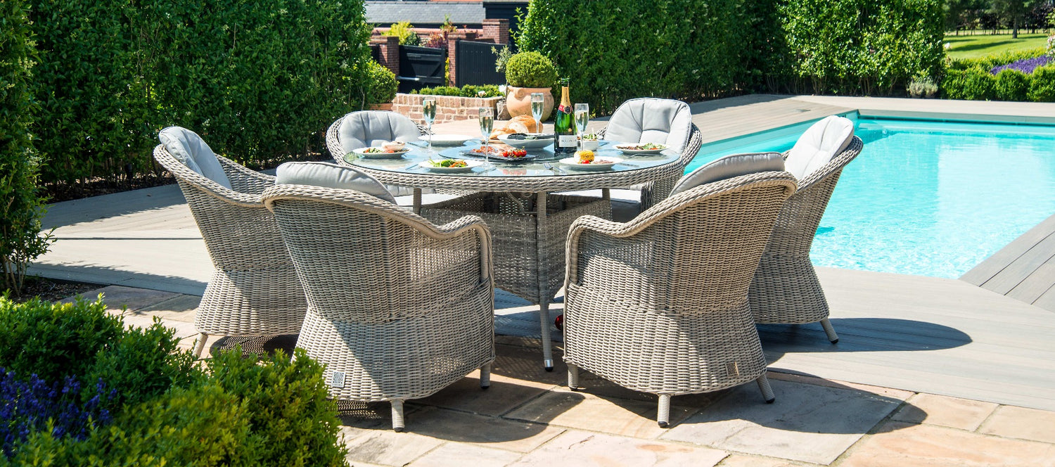 Maze Oxford Seat Round Fire Pit Dining Set With Heritage Chairs And Lazy Susan