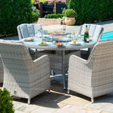 Maze Oxford 6 Seat Round Fire Pit Dining Set With Venice Chairs And Lazy Susan