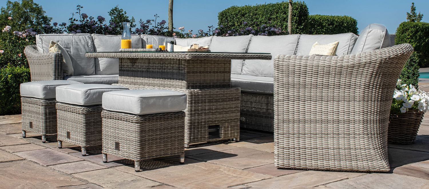 Maze Rattan Oxford Deluxe Large Corner Dining Set With Rising Table And Armchair Low Side View-Better Bed Company