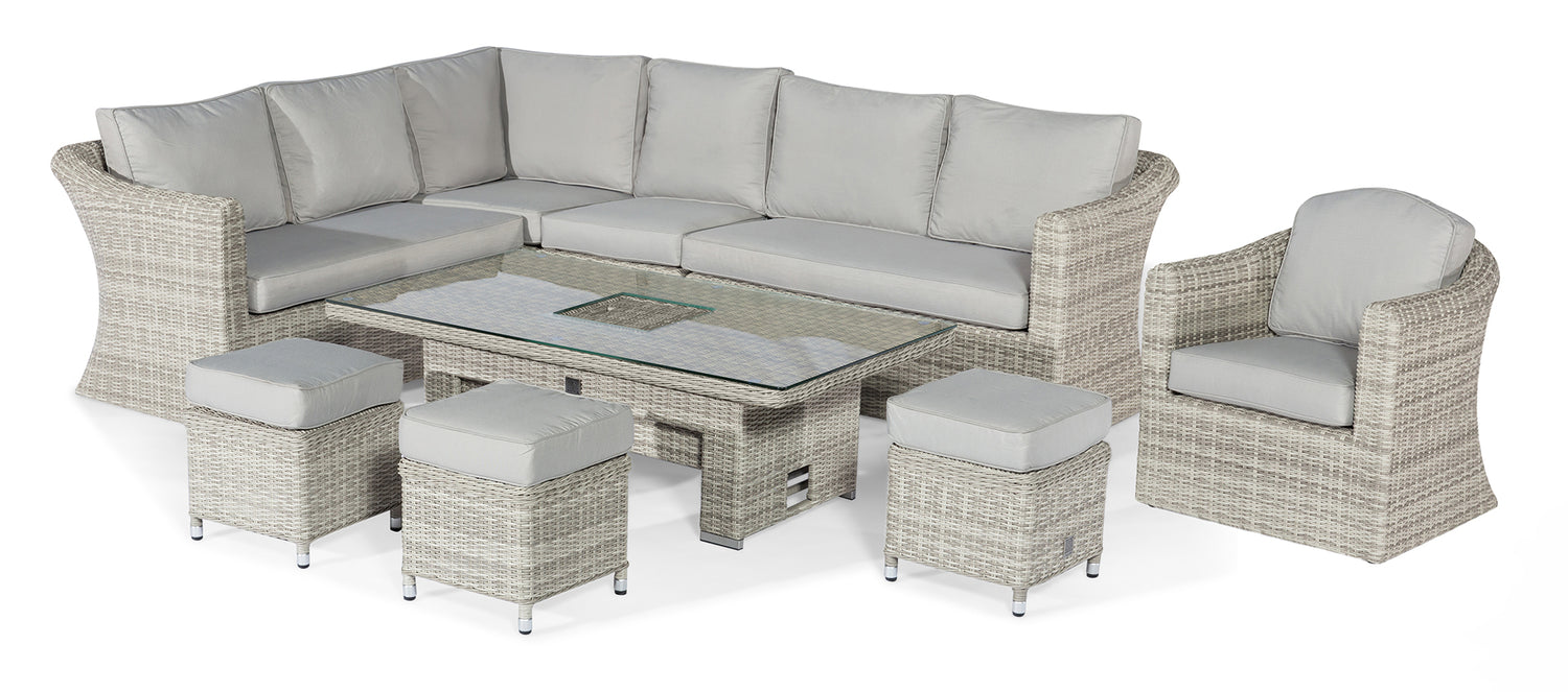 Maze Rattan Oxford Deluxe Large Corner Dining Set With Rising Table And Armchair White Back Ground-Better Bed Company