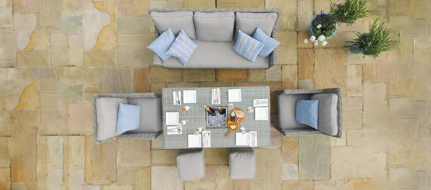 Maze Rattan Oxford Sofa Dining Set with Ice Bucket And Rising Table Birds Eye-Better Bed Company 