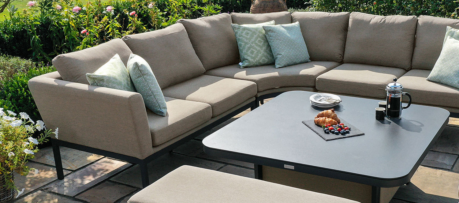 Maze Rattan Pulse U Shape Corner Dining Set with Rising Table Taupe Close Up-Better Bed Company 