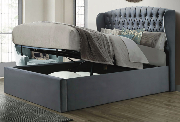 Bedmaster Warwick Wing Velvet Ottoman Bed Grey Open-Better Bed Company 