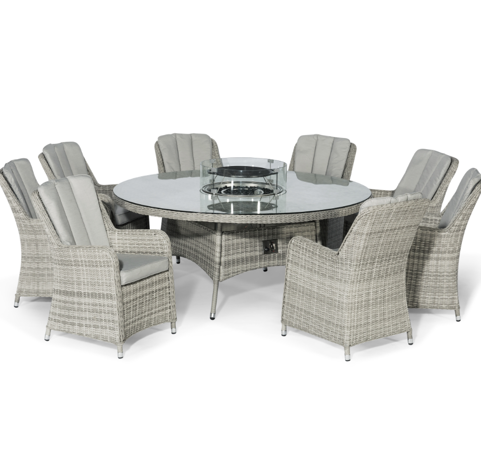 Maze Rattan Oxford 8 Seat Round Fire Pit Dining Set with Venice chairs and Lazy Susan
