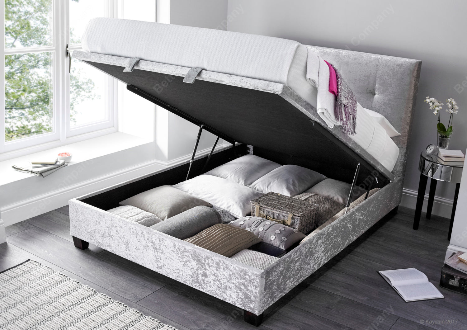 Kaydian Walkworth Crushed Velvet Silver Ottoman Bed Frame