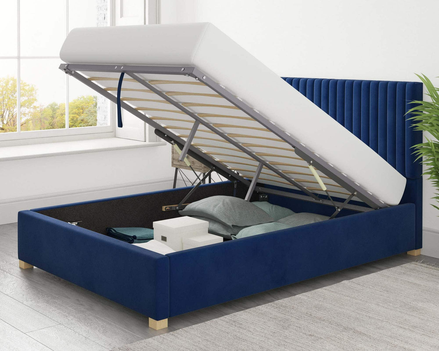 Better Glossop Blue Ottoman Bed Open-Better Bed Company