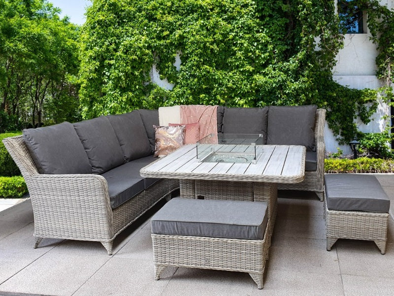 Signature Weave Meghan Corner Dining Sofa With Gas Fire Pit - Creamy Grey