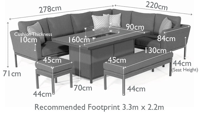 Maze Pulse Left Handed Rectangular Corner Dining Set with Fire Pit Dimensions-Better Bed Company