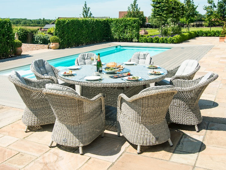 Maze Rattan Oxford 8 Seat Round Fire Pit Dining Set With Heritage Chairs With Lazy Susan