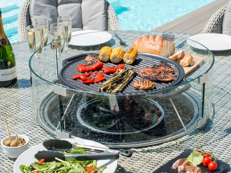 Maze Rattan Oxford 8 Seat Round Fire Pit Dining Set With Heritage Chairs With Lazy Susan