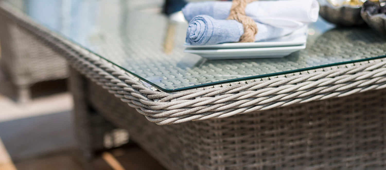 Maze Rattan Oxford Sofa Dining Set with Ice Bucket And Rising Table Glass And Rattan Detail Close Up-Better Bed Company 