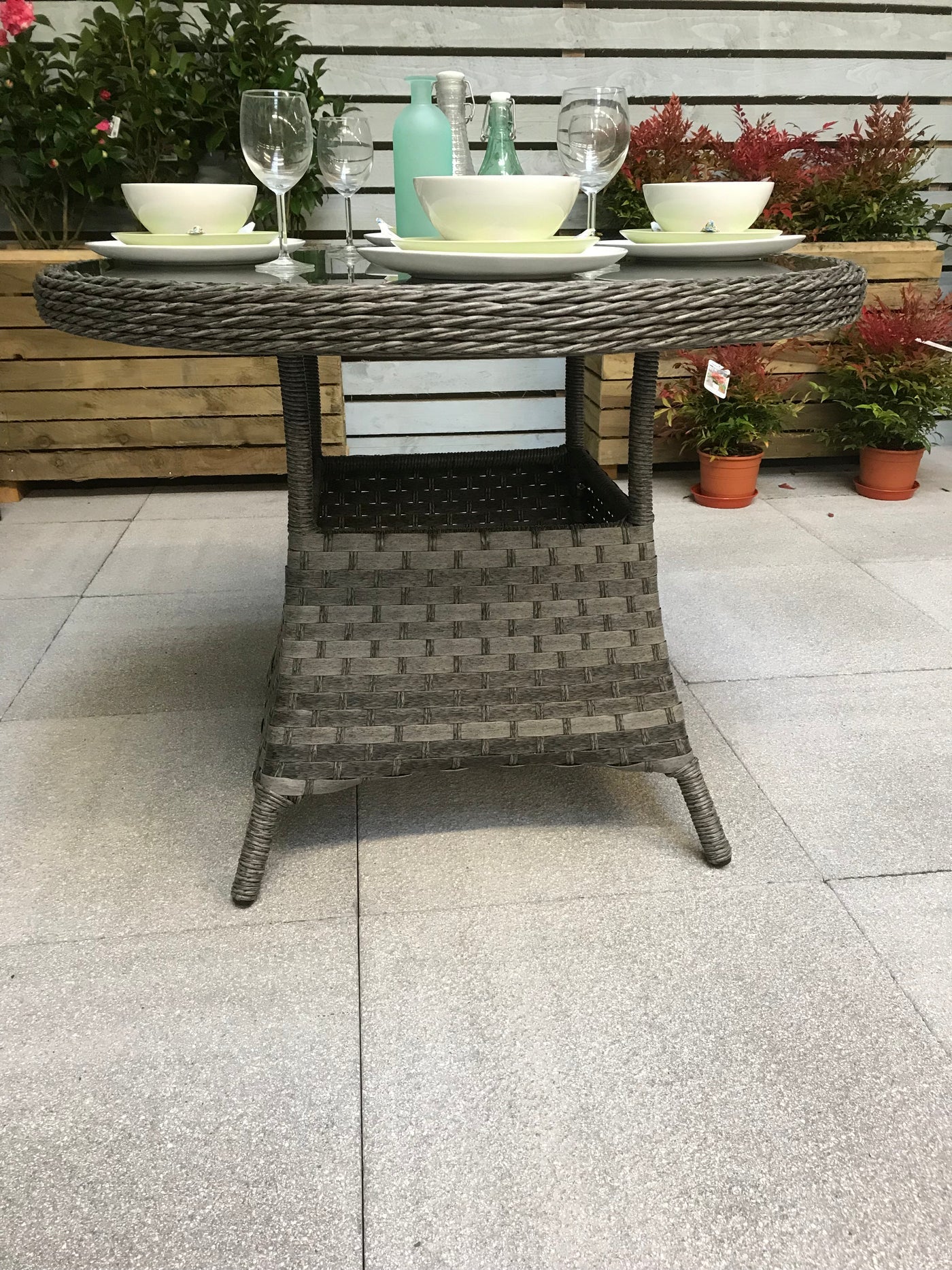 Signature Weave Victoria Round Dining Table 100cm in Multi Grey Wicker Bottom Detail-Better Bed Company 