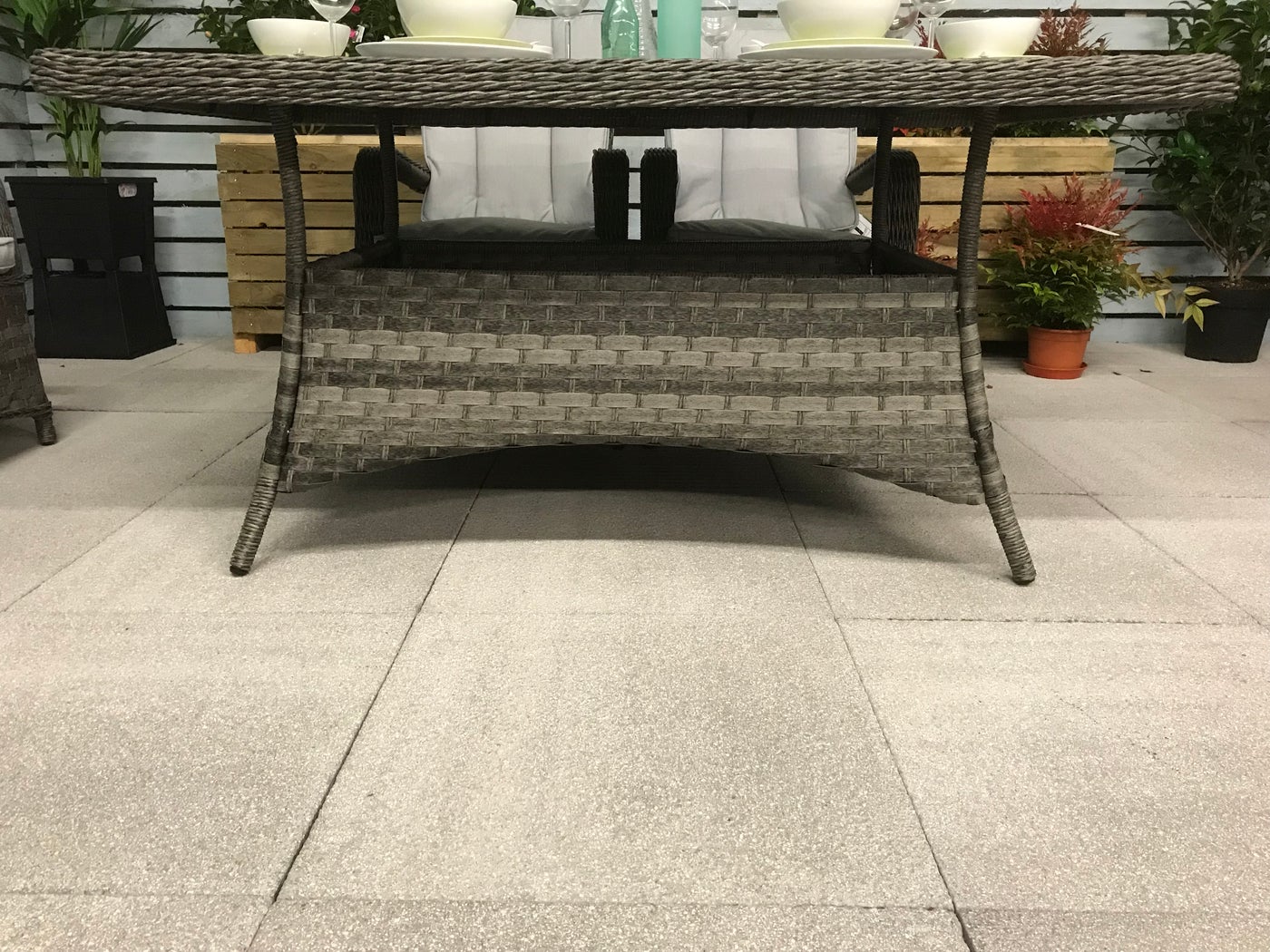 Signature Weave Victoria Rectangular Dining Table In Multi Grey Wicker Base And Legs Close Up-Better Bed Company