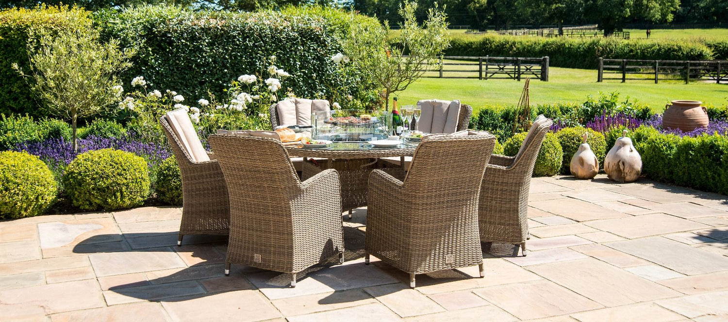 Maze Rattan Winchester 6 Seat Round Fire Pit Dining Set With Heritage Chairs And Lazy Susan