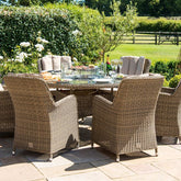 Maze Rattan Winchester 6 Seat Round Fire Pit Dining Set With Heritage Chairs And Lazy Susan