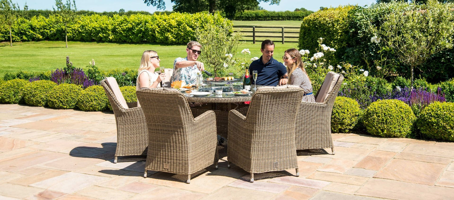 Maze Rattan Winchester 6 Seat Round Fire Pit Dining Set With Heritage Chairs And Lazy Susan